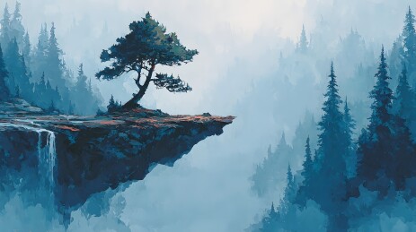 悬崖孤树与雾中山林
