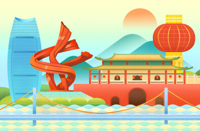 广东东莞城市地标建筑插画