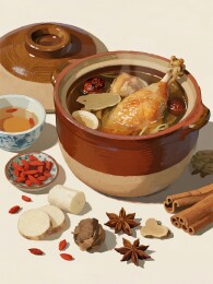 滋补养生药膳鸡汤及配料特写