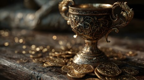 复古金杯与金币特写