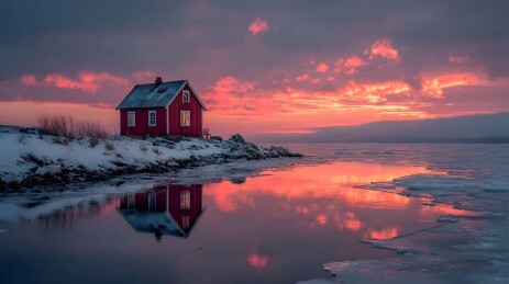 冬日湖畔红屋夕阳