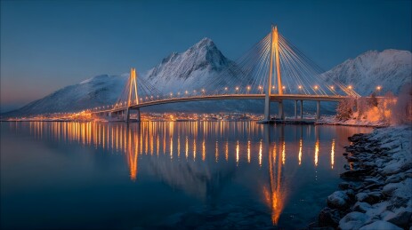 雪夜大桥与雪山倒影