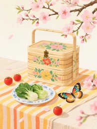 竹编食盒与蔬果蝴蝶樱花