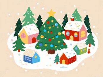 圣诞节乡村雪景房屋和圣诞树