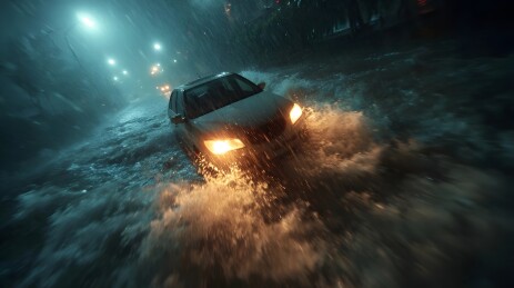 暴雨中汽车涉水行驶