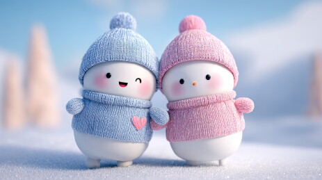 两个穿着冬装的可爱雪人