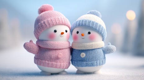两个穿着冬装的可爱雪人