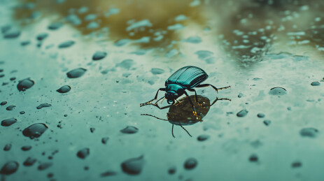 一只甲虫在湿润玻璃表面留下轨迹