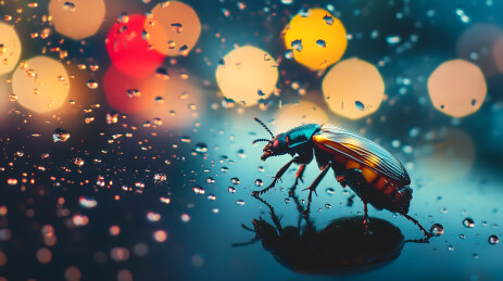 一只甲虫在湿润玻璃表面留下轨迹