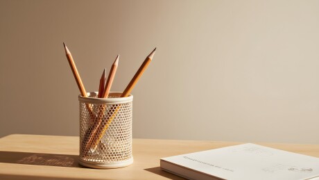 简约桌面文具笔筒和书本阳光静物场景