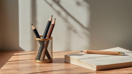 阳光桌面文具笔筒书本静物清新场景素材