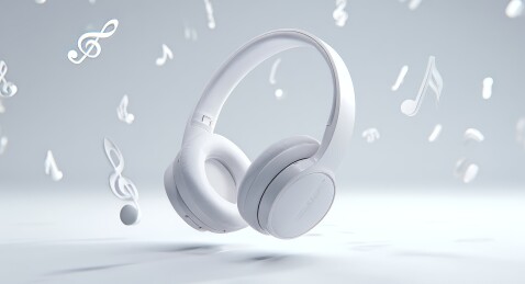 白色头戴式耳机与音符