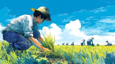 稻田劳作农夫低头插秧蓝天白云