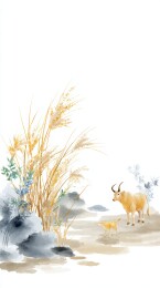田野秋风下的牛与狗