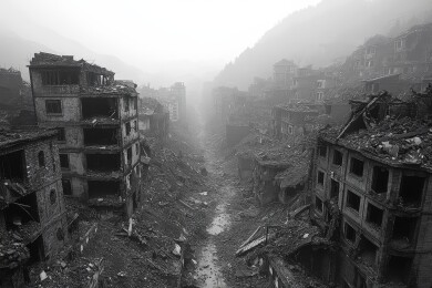 雾中废墟景象黑白摄影