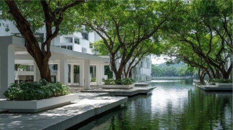 现代建筑旁的宁静水道