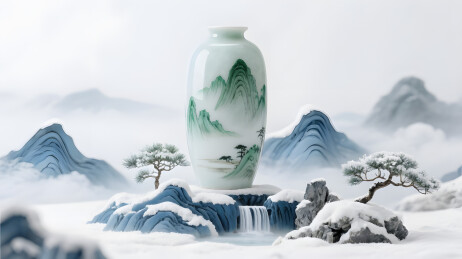 中国风水墨山水画与瓷瓶