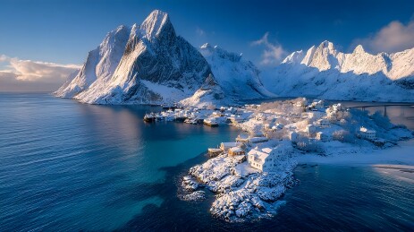 雪域渔村与壮丽山峰