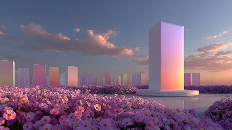 梦幻花海与渐变色方碑