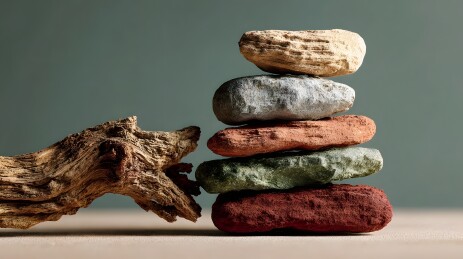 五彩石块与枯木的静物组合