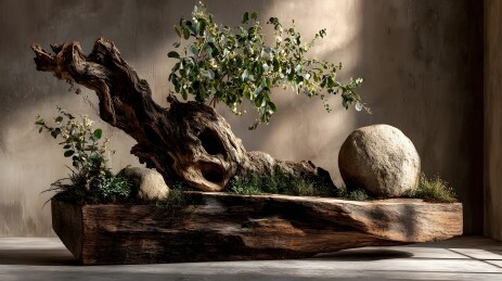 枯木与绿植的艺术组合