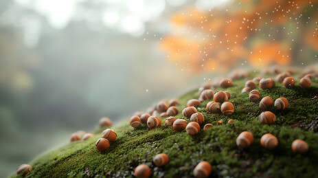 橡果散落在青苔上