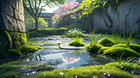 山间小溪青苔覆盖图