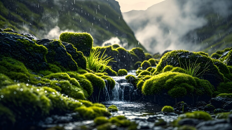 山间瀑布青苔岩石图