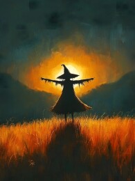 夕阳余晖中的田野稻草人