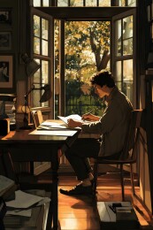 作家书桌前沉思写作的静谧场景