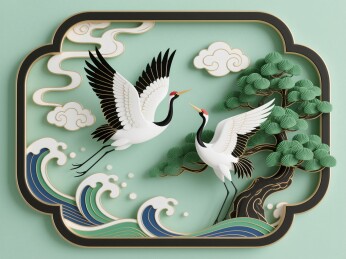 纸雕红鹤翱翔松柏云彩纹饰