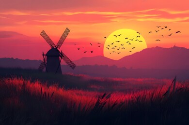 夕阳余晖中的风车剪影