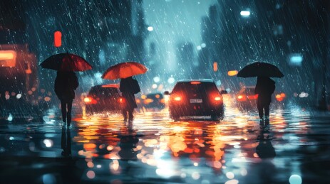 暴雨中的街道积水与行人车辆