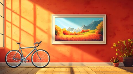 墙上相框中的风景画与阳光