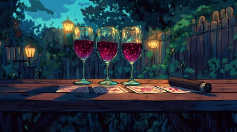 复古木桌上的五彩扑克牌与红酒雪茄