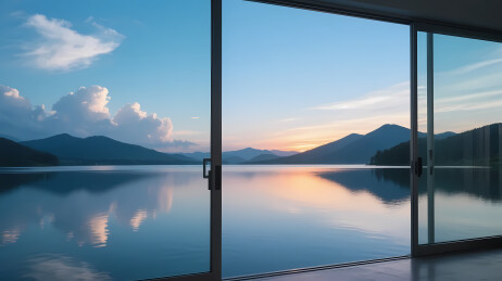 落地窗湖景山脉宁静