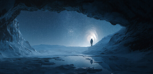 洞穴内人物观星空雪景科幻场景图