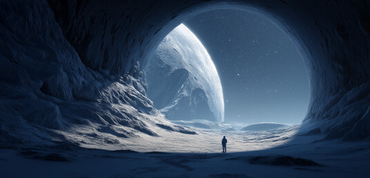 洞穴内人物观星空雪景科幻场景图