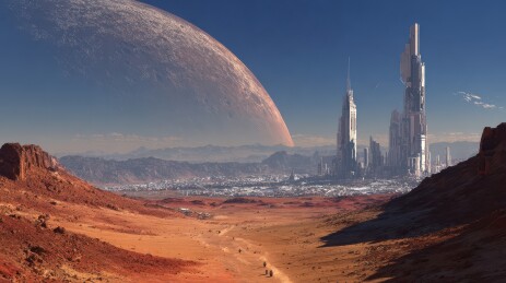 未来城市与巨大行星的科幻景观