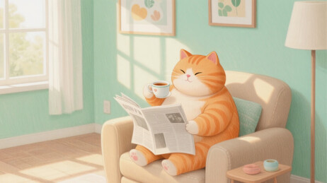 橘猫坐在设法上看报纸喝咖啡