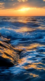 落日吻浪，礁岩披金漫绽晖