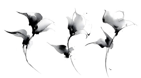 黑白水墨风三朵花卉画作