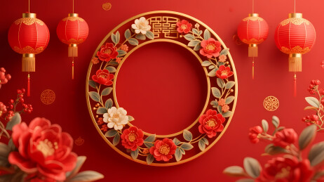 金色圆形花朵灯笼环绕