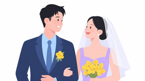 新婚夫妇手捧花束的温馨时刻