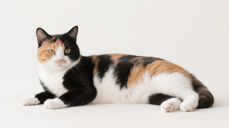 三花猫慵懒趴卧白背景