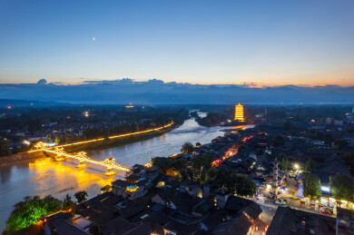 四川崇州元通古镇夜景航拍