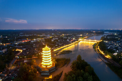 四川崇州元通古镇夜景航拍