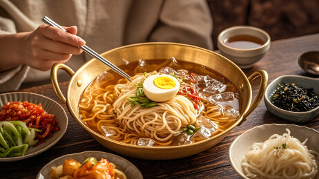 丰盛餐食中人物享用面条场景
