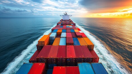 海上航行集装箱货轮全景