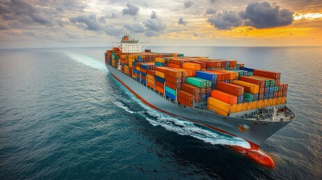 海上航行集装箱货轮全景